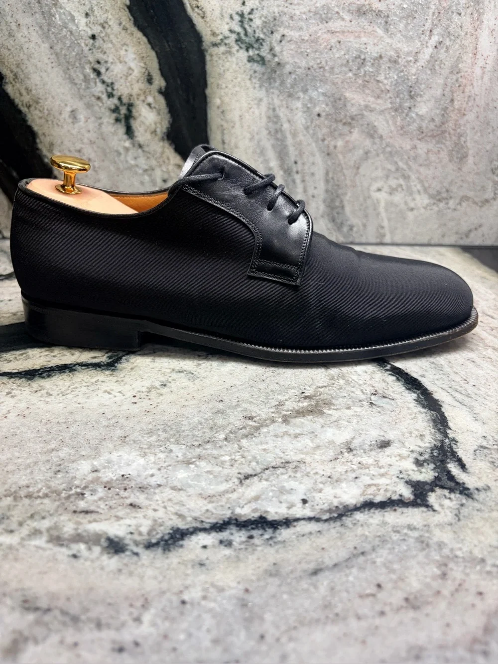 Santoni Black Textile Leather Derby Dress Shoes Men’s UK 9 US 10 Italy